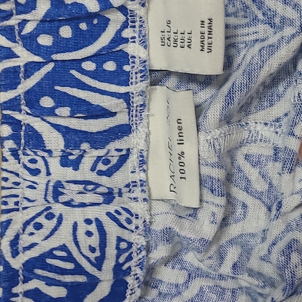 RACHEL ZOE Boho Printed Pattern 2 pc Large Wide Leg Pant Set Blue 100% Linen L - Picture 11 of 11
